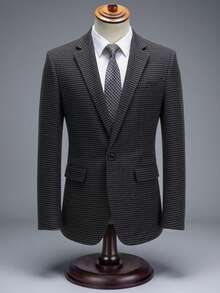 Men's Houndstooth Single-Breasted Suit, Business Casual Slim Fit Plaid Blazer - Black - View 2