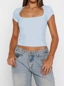 Blusa ajustada y sexy de punto para mujer , camiseta casual de cuello cuadrado de unicolor, primavera/verano - azul claro - Ver 7