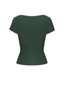 Blusa ajustada y sexy de punto para mujer , camiseta casual de cuello cuadrado de unicolor, primavera/verano - Verde Oscuro - Ver 4