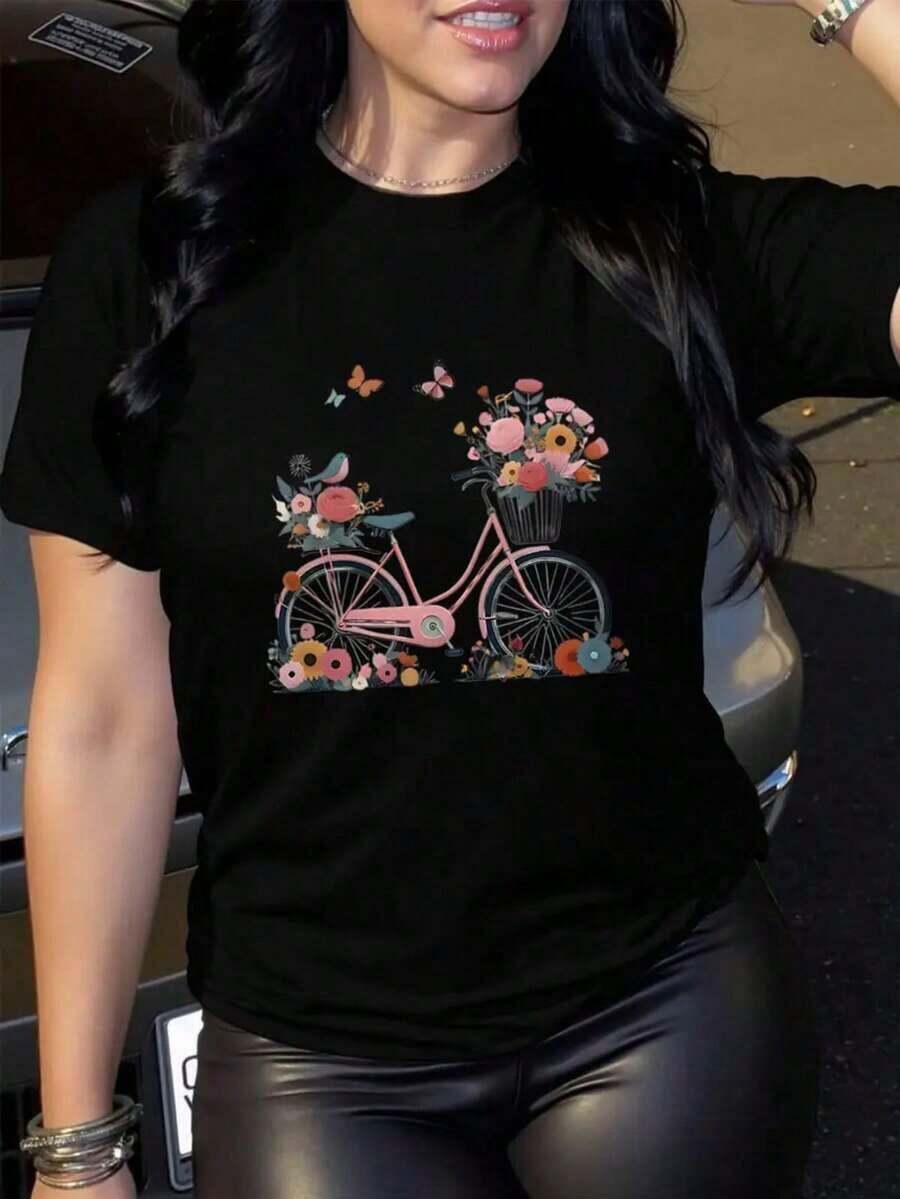 Vintage 1 Floral Hoja Mariposa Casual Dulce Sexy Fiesta Elegante Ninguno Casa Playa Noche de fiesta Vacaciones Boda Oficina Deportivo verano Playera de manga corta con estampado de bicicleta, top casual de cuello redondo para primavera y verano, ropa para mujerFashion 100% Cotton - Negro - Ver 1