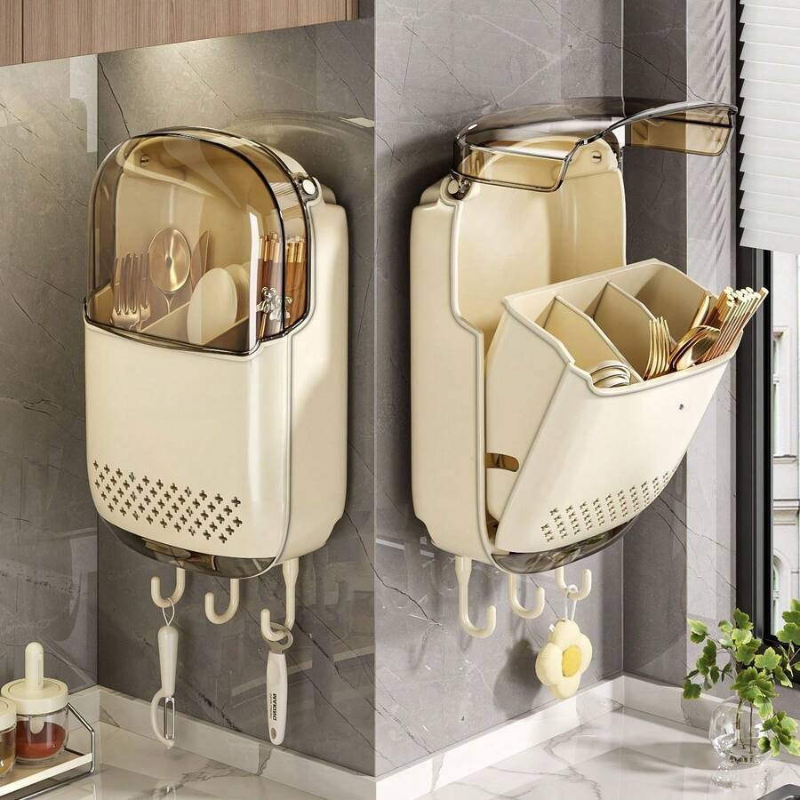 Soporte de pared para palillos, organizador de cocina duradero con tapa antipolvo y orificio de drenaje, estante colgante de almacenamiento fácil de limpiar - Ver 1