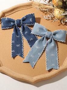 2pcs Denim Blue Bowknot Hair Clips, Retro Cute Girl Headwear, Minimalist Versatile For Daily, Outing, Date, Party, Travel, Photo Decoration,Hair Claws - Multicolor - View 6