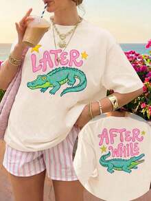 Women's Fun Crocodile Graphic Tee See You Later After A While Letter Print T-Shirt Short Sleeve Round Neck SummerTop Streetwear Aesthetic  GraphicTee - 杏色 - 查看 5