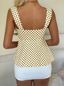 Nueva Colección Primavera/Verano 2026 para Mujer: Blusa/Top sin Mangas con Volantes y Cordón Ajustable, Estampado de Lunares Marrones, Estilo Casual y Versátil, Top de Verano - Amarillo - Ver 4