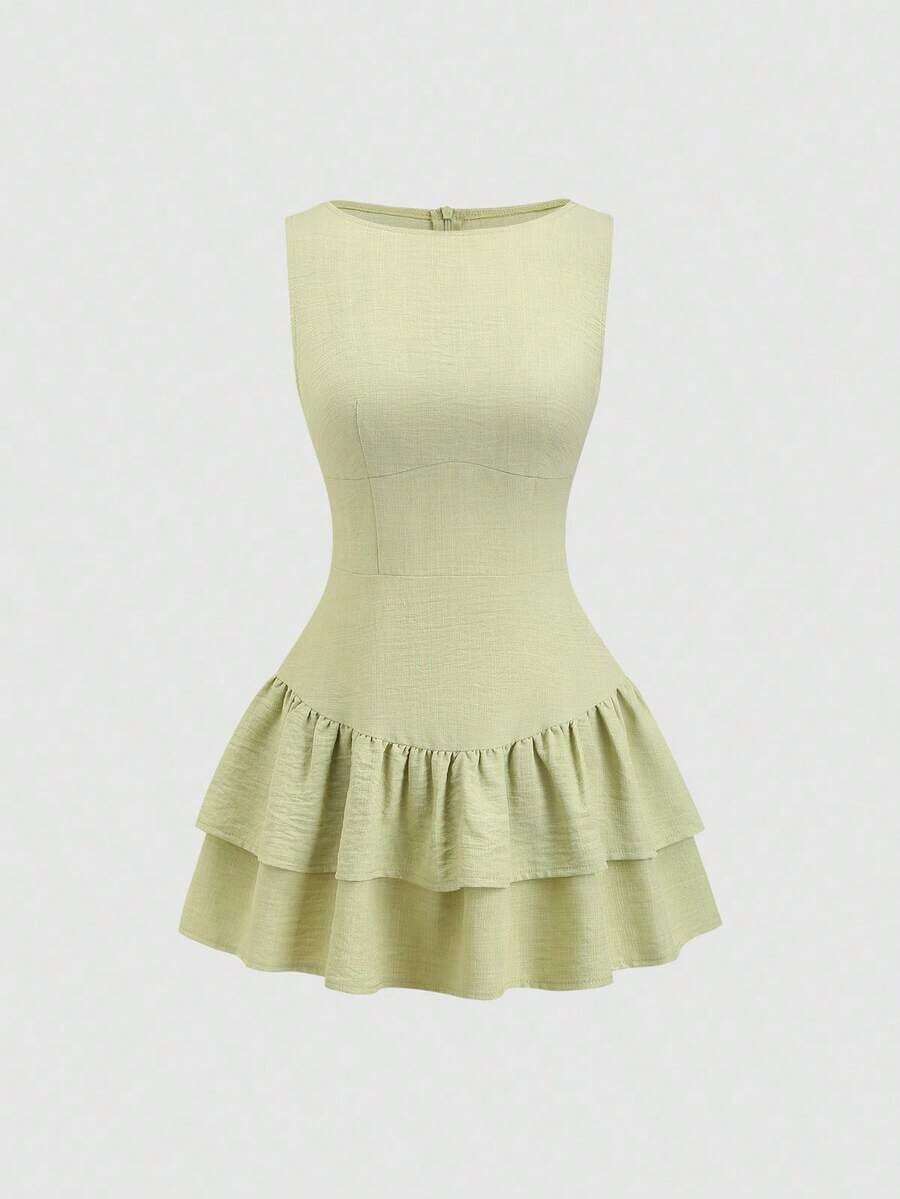 Sweetro Vestido mini de línea A con doble capa de volantes, sin mangas, en estilo vintage, romántico, elegante, juguetón, lindo, bohemio, para festivales de música, vacaciones, citas, trayectos y trabajo, apto para primavera/verano/otoño/invierno - Verde - Ver 1