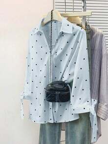 Camisa de mujer con botones y diseño de puños con corbata, de manga 3/4 con lunares, versátil para uso casual, de negocios, para ir y venir del trabajo, y para usar en primavera/verano/otoño de vacaciones - Azul - Ver 3