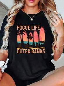 Camiseta de Mujer con Estampado Pogue Life, Camisetas Navideñas Versátiles con Gráficos, Moda Casual Holgada Deportiva de Verano, Cuello Redondo, Manga Corta, Tops para Mujer - Negro - Ver 1