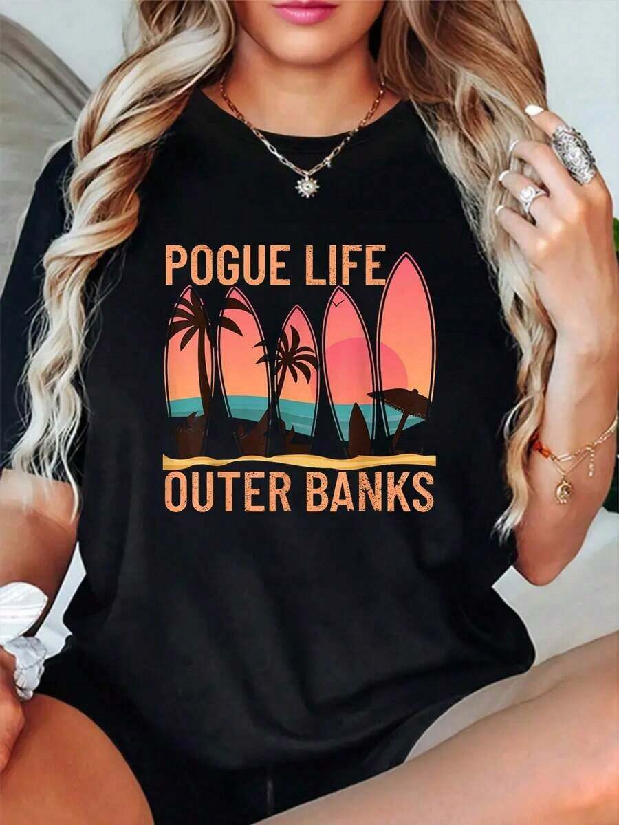 Camiseta de Mujer con Estampado Pogue Life, Camisetas Navideñas Versátiles con Gráficos, Moda Casual Holgada Deportiva de Verano, Cuello Redondo, Manga Corta, Tops para Mujer - Negro - Ver 1