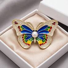 Elegant Colorful Butterfly Brooch, Rhinestone & Faux Pearl Enamel Brooch, Vintage Golden Color Accessory For Coat & Dress - Multicolor - View 4