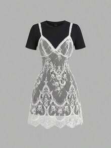 MOD Vestido mini de verano de moda con cuello redondo y manga corta, con parches de encaje - Negro - Ver 9