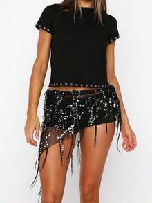Women's Y2K Fringe Belly Wrap,Dance Scarf Belly Sheer Skirt Cover Up,Sequin See Through Mesh  Asymmetrical Tie Waist Skirt,Suitable Yoga, Belly Dance, Performance,Club Party,Night Out - màu đen - Xem 11