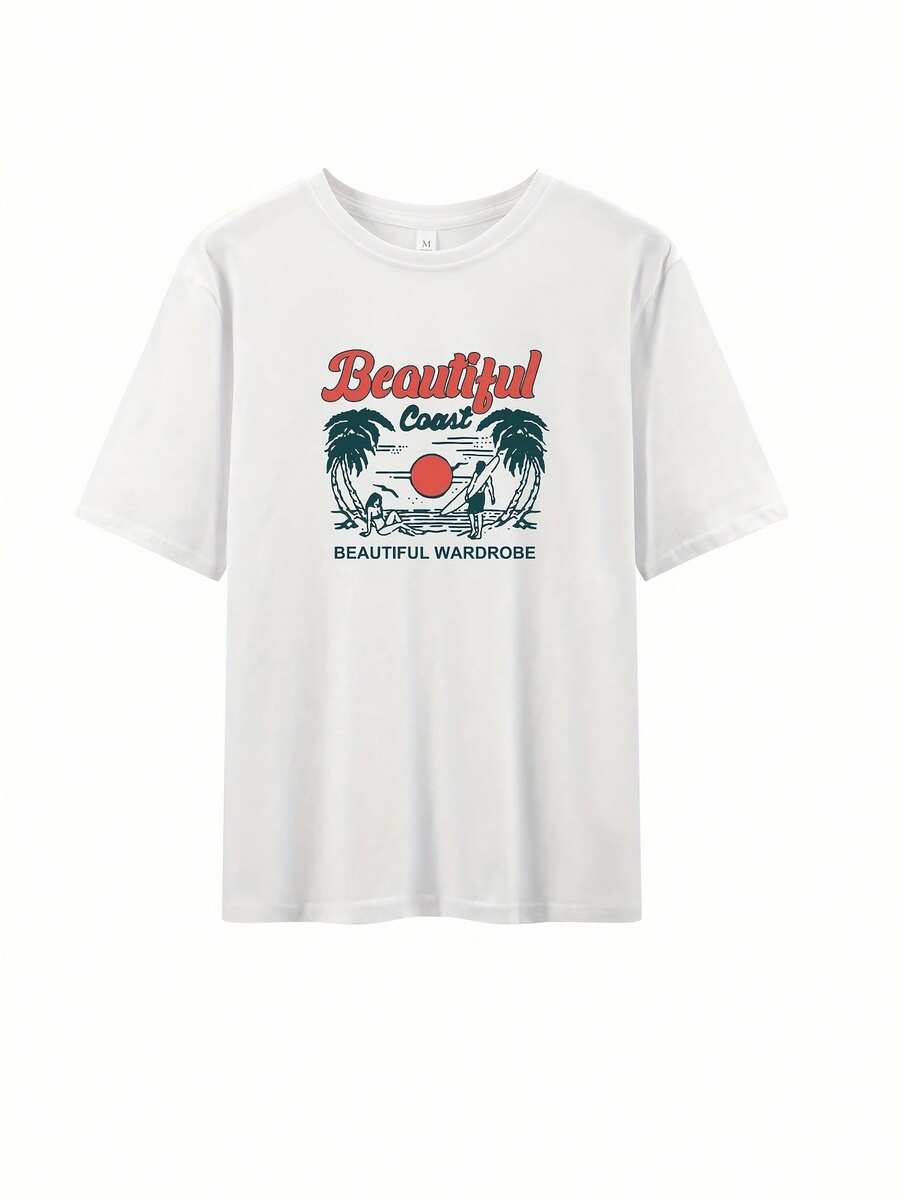 Women's Clothing - "Beautiful Coast" Graphic T-Shirt - Palm Tree And Sunset Design, Short Sleeve, Crew Neck, Summer Style, Comfortable Fit, Beachwear. | Comfortable Fit T-Shirt | Graphic T-Shirt, Women's Shirts - 白色 - 查看 1