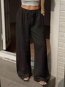 Plus Size Women Summer Casual Loose Solid Color Wide Leg Pants Black - Black - View 5