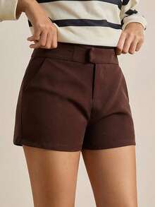 Pantalones cortos casuales de mujer de unicolor simple con bolsillo - Marrón - Ver 1