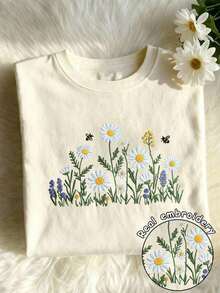 GiftCamiseta de mujer de manga corta y cuello redondo, de estilo casual, con estampado floral vibrante de girasol bordado, para primavera y veranoSoft - albaricoque claro - Ver 7