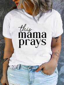 Camiseta de manga corta con cuello redondo y estampado sencillo, esta camiseta con el diseño "Mama Prays", top de verano para mujer, 100% algodón. - Blanco - Ver 7