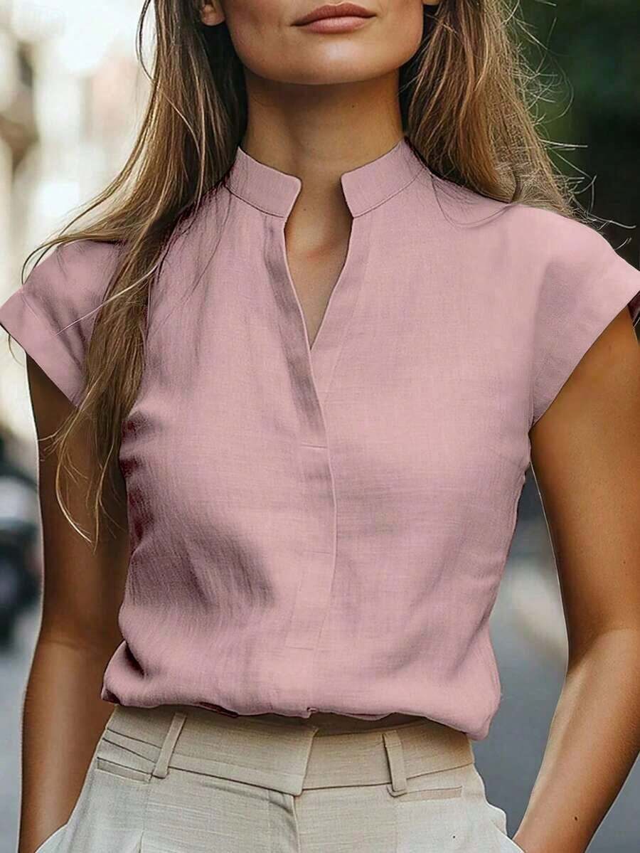 Camisa de mujer de verano casual de unicolor con cuello de muesca - Rosa - Ver 1