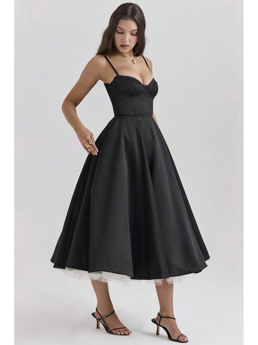 Vestido midi de satén con escote de corazón, vestido de graduación con tirantes finos y vuelo con bolsillos para bodas y eventos formales - Negro - Ver 1