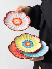 2件/4件渐变花卉陶瓷盘,手绘花瓣浮雕餐盘,家用小吃盘 - 彩色 - 查看 5