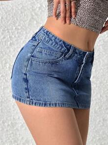 Falda vaquera mini casual, sexy y ceñida de moda para el verano para mujeres - Azul lavado medio - Ver 9
