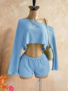 Casual 2-Piece Set Consisting Of A Cropped Top With An Irregular Neckline And Lettuce Hem, And Shorts, In A Solid Color, For Vacation, Spring/Summer - 賽萊斯特 - 查看 11
