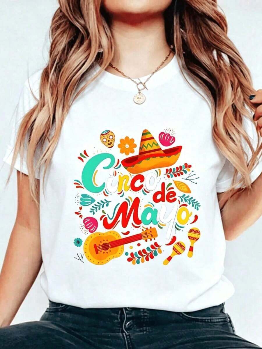 1 pieza Camiseta de Mujer para el Cinco de Mayo, Estampado Mexicano 5 de Mayo para Mujeres, Hombres y Niñas, Camiseta de Manga Corta con Cuello Redondo, Camisetas Gráficas de Moda para Mujer, Top de Mujer, 180g Algodón 100% - Blanco - Ver 1