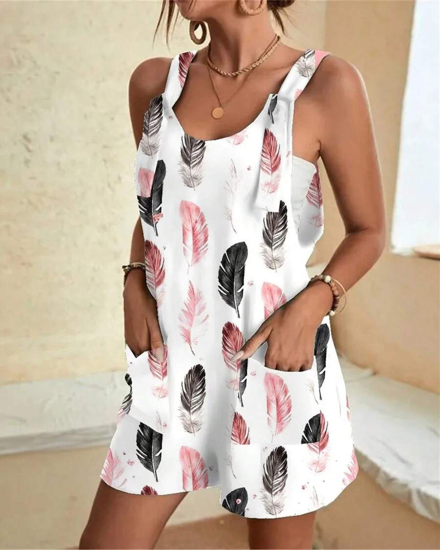 Mono sin mangas para mujer con estampado abstracto y bolsillos - Mameluco informal holgado de verano con correas ajustables - BLANCO - Ver 1