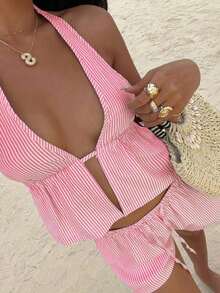 SunnyBelle Top sin espalda con escote profundo en V de cuello halter a rayas azul y blanco de lino, y shorts casuales sueltos con cordón a la cintura, conjunto veraniego sexy, lindo, elegante y romántico para mujer - Rojo - Ver 3