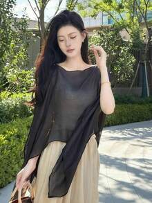 1pc Solid Color Sun Protection Shawl For Women, Versatile Fashion Loose Pearl Button Shawl, Scarf, Pullover Sun Protection Clothing, Suitable For Spring/Summer Evening Events, Weddings, Stage, Travel And Beach Cover-Up Accessories For Women, Travel And Daily Use - Multicolor - View 4
