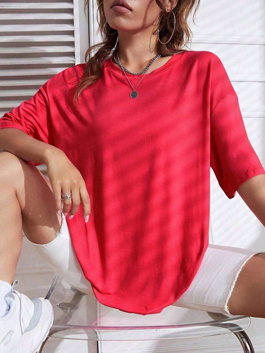 Camiseta holgada con hombros caídos unicolor - Rojo - Ver 1
