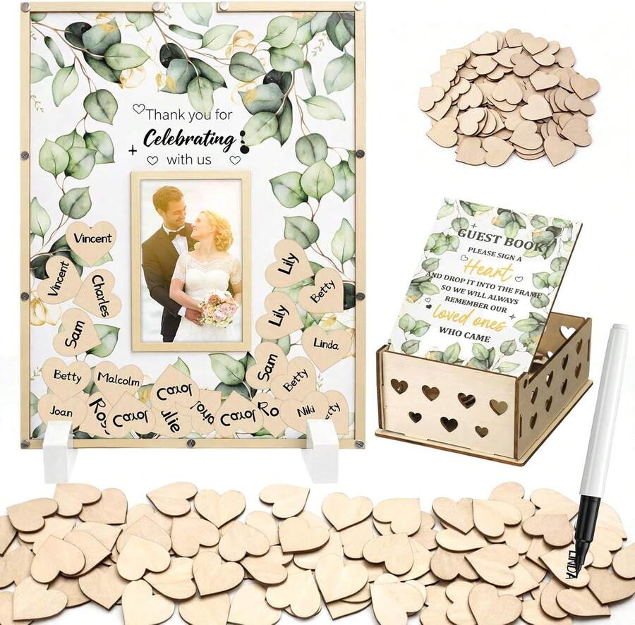 Rustic Eucalyptus Leaves Wedding Guest Book Alternative - Drop Box Picture Frame With 100 Wood Hearts & Pen For Reception & Ceremony - Square Wood Design - Heart - View 1