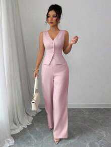 Conjunto de camiseta sin mangas y pantalones elegante para mujer, estilo de oficina y transporte, atuendo de otoño para maestros - Rosa 2 - Ver 3