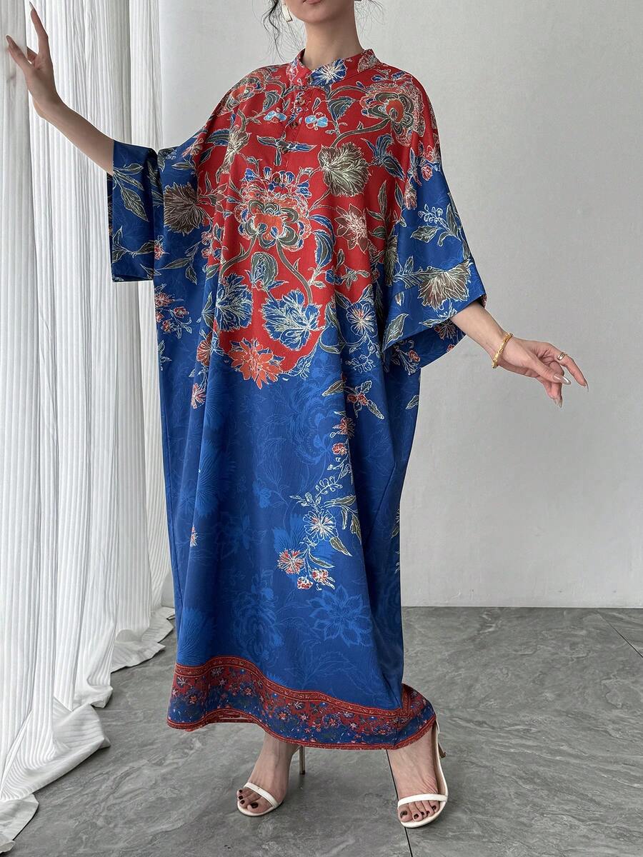 1件女款阿拉伯式長袍洋裝，對比色拼接印花，立領，單排扣，插肩袖，阿拉伯女裝度假紅 - 紅色 - 查看 1