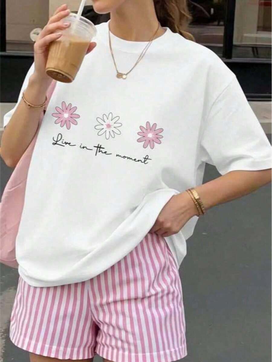 Camiseta mujer estilo casual estampado de flores y letras tela suave holgada cuello redondo manga corta primavera verano uso diario combinable - Blanco - Ver 1
