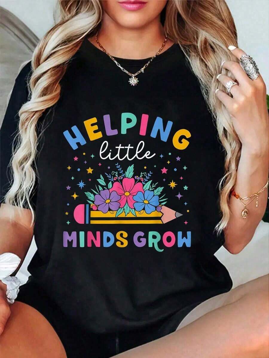 Ayudando a las Pequeñas Mentes a Crecer Camiseta de Maestro de Primaria con Diseño Floral de Algodón Puro - Negro - Ver 1
