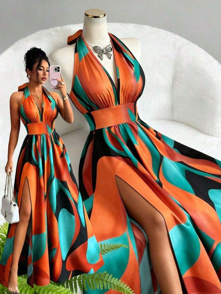 MEXElenzga Nuevo vestido maxi de diseño elegante y sexy de estilo francés con cuello en V, halter, cintura expuesta, espalda descubierta, corte evasé y abertura, sin mangas, con estampado floral rojo y verde, de alta calidad y sofisticado para mujeresMEX 0XCT - Multicolor - Ver 1
