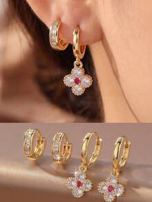 2 pares/set de pendientes con forma de trébol, chapados en oro de 18K con piedra central de rubí, cuatro pétalos de flor de circonita cúbica, ribete de grano fino, colgante desmontable, adecuado como regalo del Día de la Madre o de cumpleaños para mujeres, madres, esposas - Multicolor - Ver 1