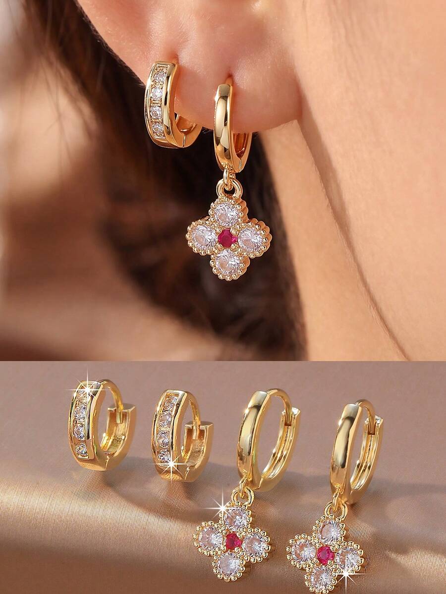 2 pares/set de pendientes con forma de trébol, chapados en oro de 18K con piedra central de rubí, cuatro pétalos de flor de circonita cúbica, ribete de grano fino, colgante desmontable, adecuado como regalo del Día de la Madre o de cumpleaños para mujeres, madres, esposas - Multicolor - Ver 1