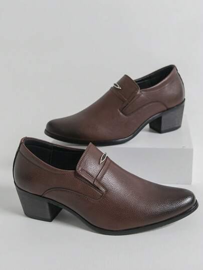 Men's Chunky Heel Formal Leather Slip-On Shoes, British Style Business Oxfords
