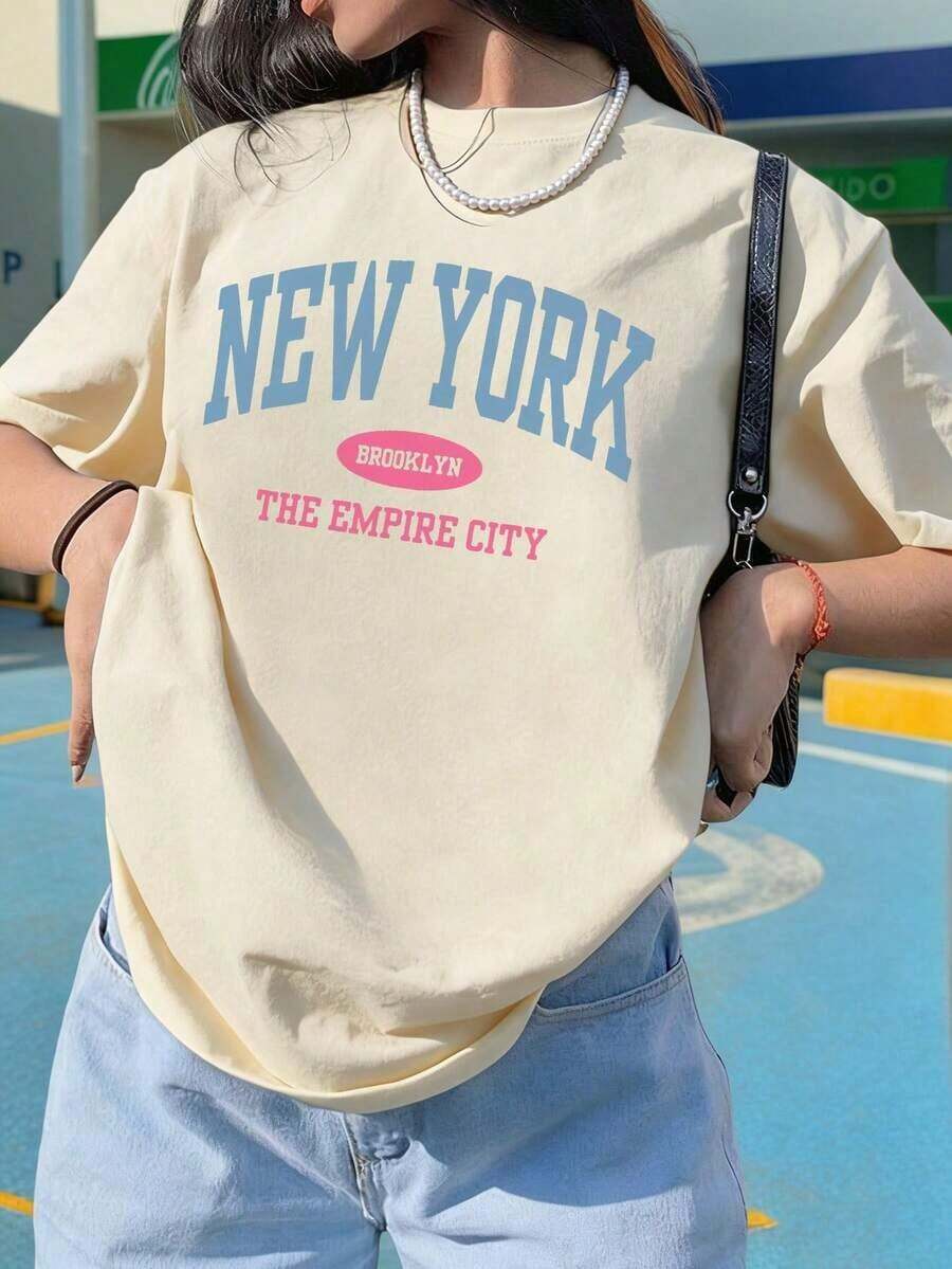 Men's Fashion Explosion Short Sleeves. Women's Casual Loose Summer T-Shirt With Letter Print, Versatile Everyday Casual Fashion. Printed T-Shirt, Vacation - 杏色 - 查看 1