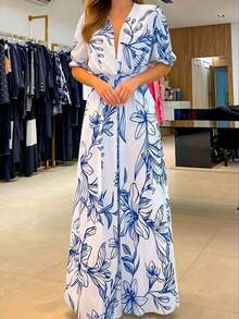 Mono elegante de mujer con estampado floral y de hojas, cintura ceñida, estilizador, nueva llegada para primavera/verano y vacaciones - Azul - Ver 3