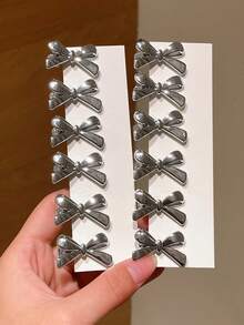 12pcs Cute Small Bow Side Clips For Women, Suitable For Side Bangs, Fringe, Gift For Girlfriend, Suitable For Back To School, Dates, Beach Vacation, Daily Commute, Easy To Style, Practical Item!,Hair Slide,Claw Clips - Silver - View 2