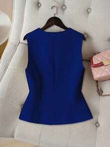 Top corto con cuello en V para mujer, estilo retro ajustado a la cintura, elegante de alta gama, para verano - Azul - Ver 2