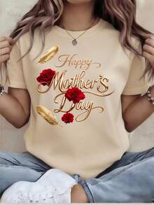 Women's Rose Gold Foil Print T-Shirt For Mother's Day, Short Sleeves, Crew Neck, Casual Style, Comfortable And Versatile For Everyday Wear In All Seasons, Loose Fit. | High-Definition And Long-Lasting Prints, The Perfect Gift For Moments Of Gratitude, Shipped Directly From The Local Warehouse. Loose And Comfortable. - White - View 9