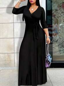 2026 Vestido azul ligero de mujer con cuello en V y cintura ceñida, elegante para primavera/verano - Negro - Ver 3
