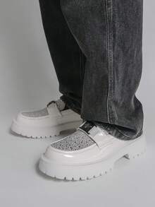 Men's Thick Sole Comfortable Slip-On Loafers, Rhinestone Embellished Casual Sneakers, Formal Wedding Dress Shoes - White - View 10