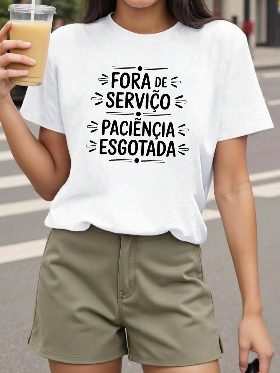 Camiseta con estampado de texto personal en portugués, de manga corta y cuello redondo para mujer, casual para primavera-verano, para salidas de ocio, temporada de expresión emocional - [Blanco] - Ver 1