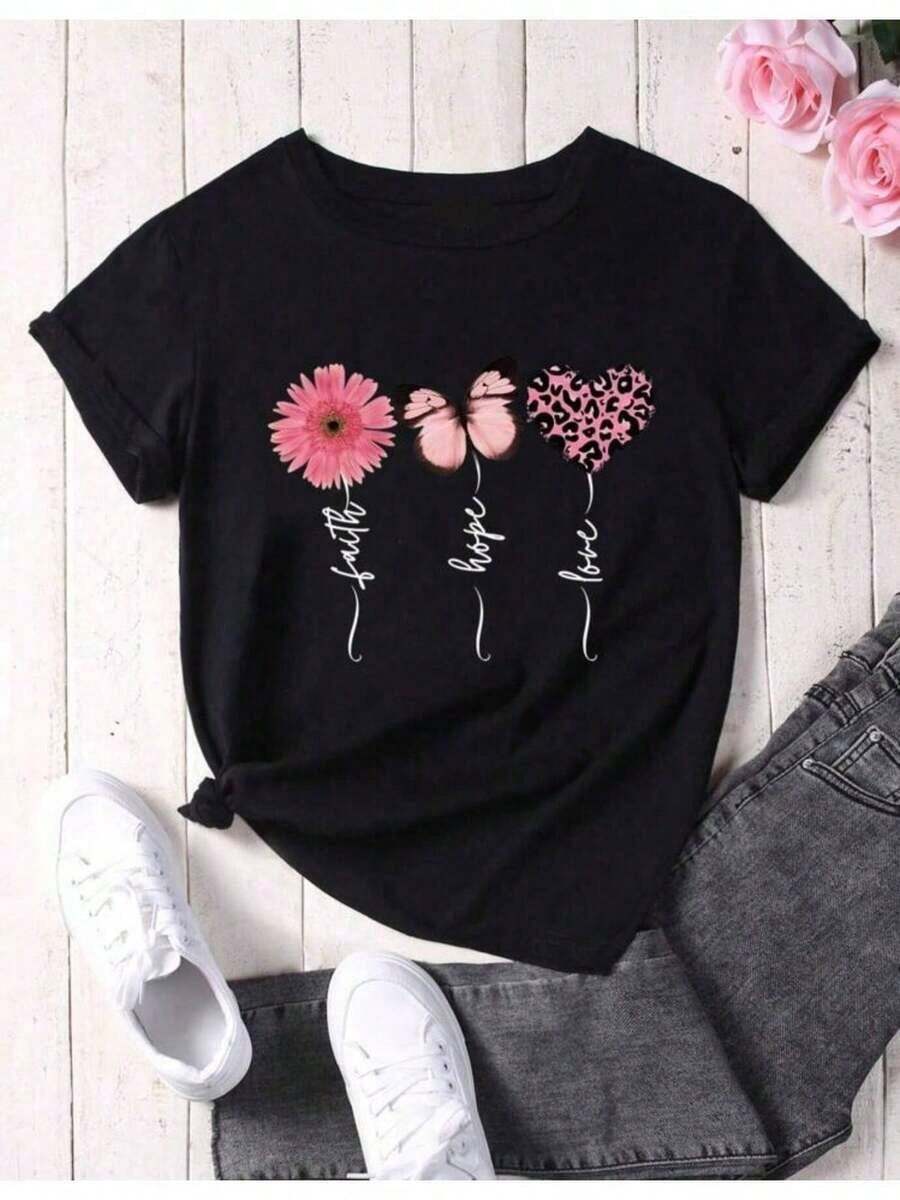 CAMISETA DE CUELLO  REDONDO MANGA CORTA PARA TI CON ESTAMPADO FLORES RUBI. - Negro - Ver 1