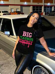 Camiseta Big Taurus Energy para Mujer, Camiseta con Gráfico del Signo Zodiacal, Estampado en Rosa y Verde Intenso, Top Casual de Moda - Negro - Ver 3