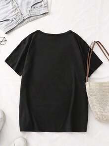 Women's 100% Cotton T-Shirt, Casual, With Fun Football Print, Round Neck, Casual Sporty Style, Plaid Summer Vacation Top. - 黑色 - 查看 2